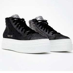 P448 (NEW)KATE platform hightop sneaker w polka dots/metallic glitter, size 37/7
